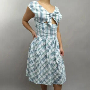 Caroll Paris Plaid Vintage Style Knee Length Retro Cutout Back Sleeveless Dress.